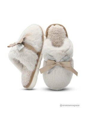 Faux Fur Memory Foam House Slippers Plush Cozy Bow Anti-Slip Rubber Sole